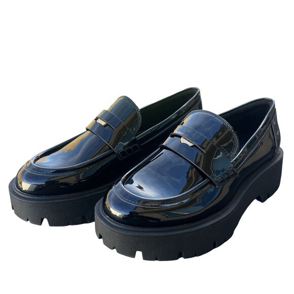 Zara Women\'s Treaded Sole Loafers Black Patent Leather Shoe Size US 8